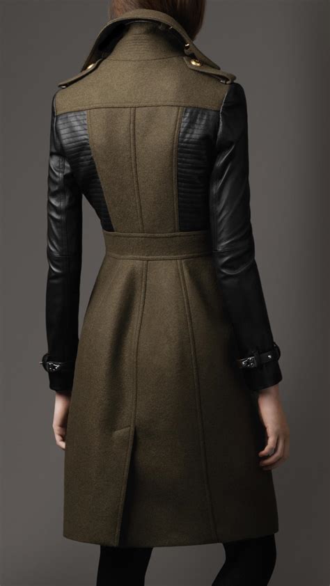 burberry wool coat with leather sleeves|Burberry wool coat sale.